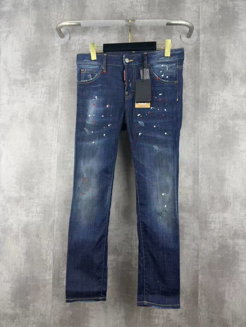 🚩steal DSQUARED2 Men's Dark Blue Straight Jeans with Paint-Splatter Detail